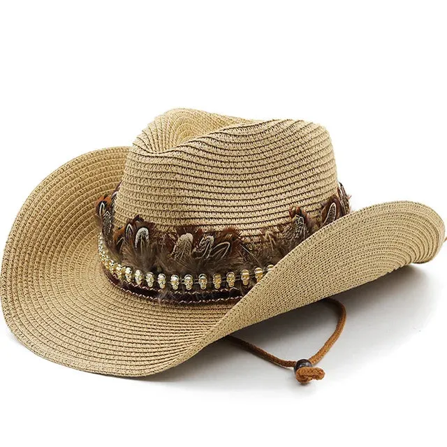 Handmade Straw Western Cowboy Hat Curling Brim Hats Panama