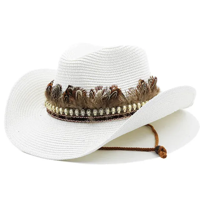 Handmade Straw Western Cowboy Hat Curling Brim Hats Panama