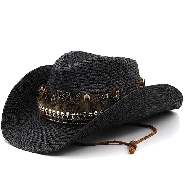 Handmade Straw Western Cowboy Hat Curling Brim Hats Panama