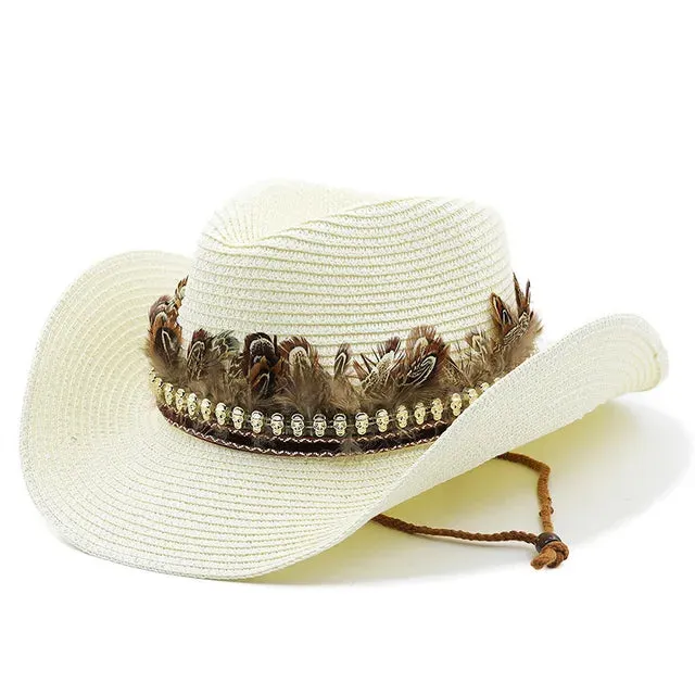 Handmade Straw Western Cowboy Hat Curling Brim Hats Panama