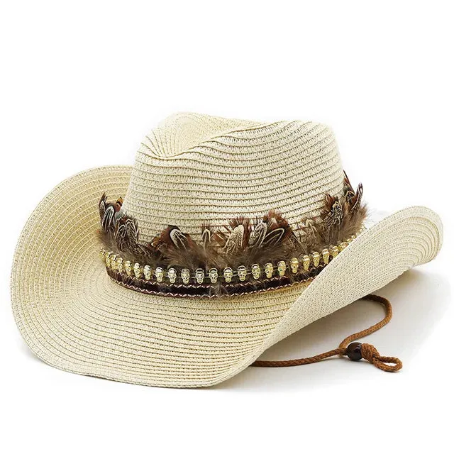 Handmade Straw Western Cowboy Hat Curling Brim Hats Panama