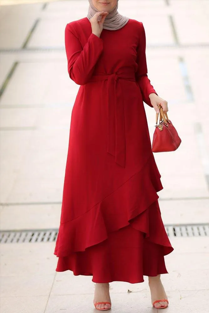 Juman Radiant Red Frill Detail Dress with Detachable Belt