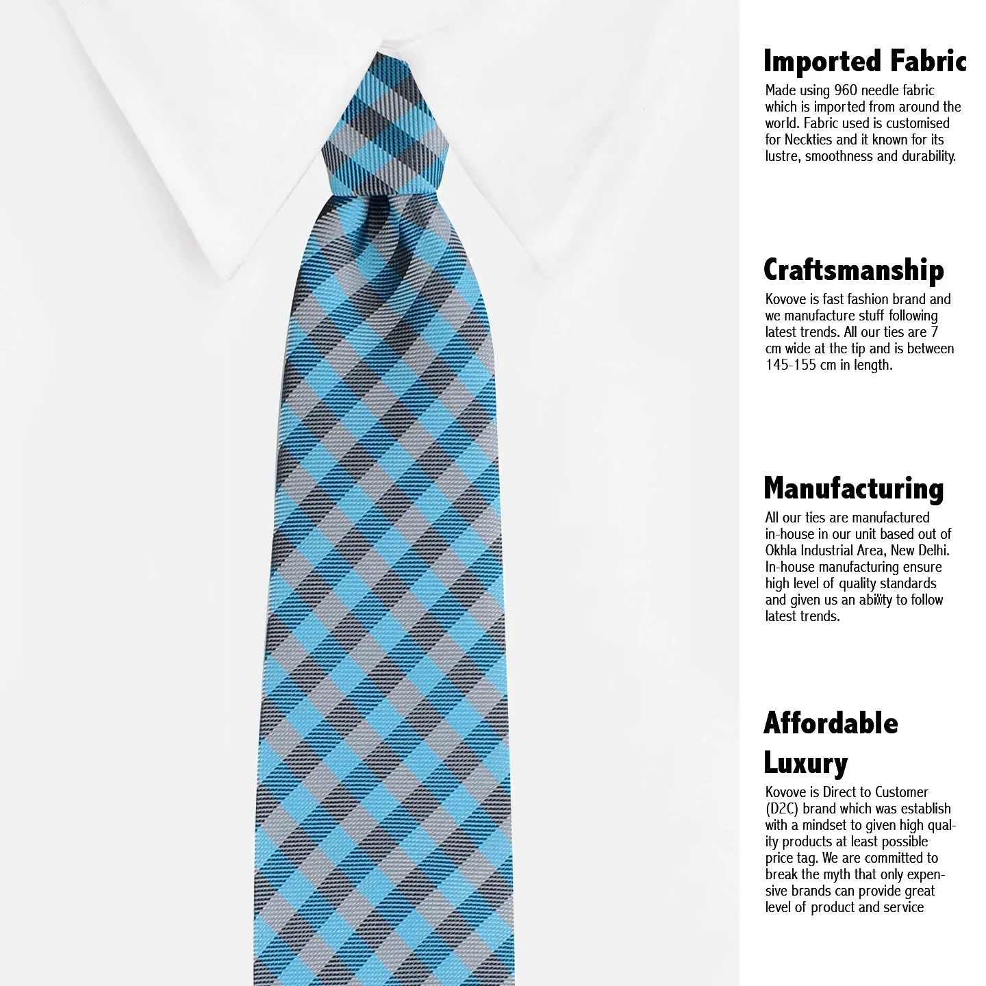 Kovove Elegant Cyan Checkered Neck Tie For Men