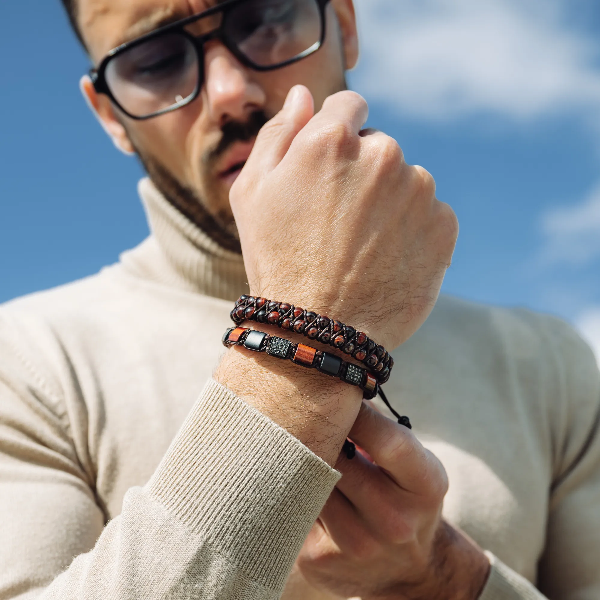 Men's RED TIGER EYE Double Bead Bracelet