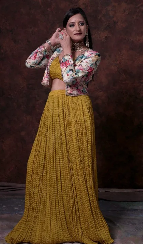 Mustard Yellow Indo-Western Lehenga Choli with Multi Color Digital Print Jacket.