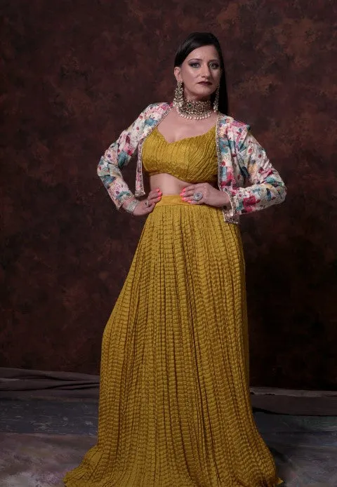 Mustard Yellow Indo-Western Lehenga Choli with Multi Color Digital Print Jacket.