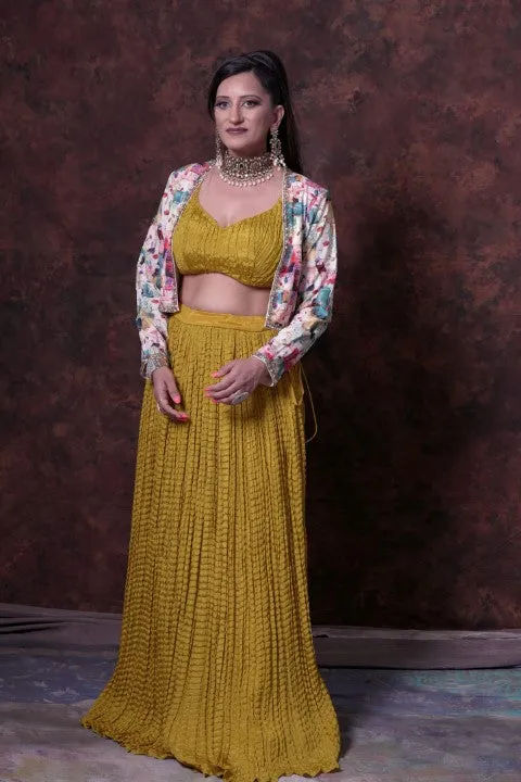 Mustard Yellow Indo-Western Lehenga Choli with Multi Color Digital Print Jacket.