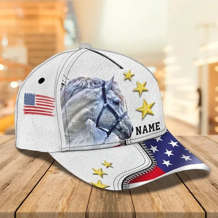 Personalized White Horse Cap American Flag Pattern for Horse Lovers, White Horse Hat for Him