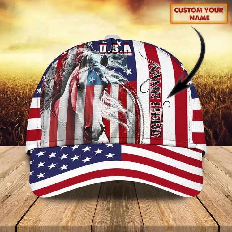 Personalized White Horse Cap American Flag Pattern for Horse Lovers, White Horse Hat for Him