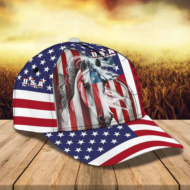 Personalized White Horse Cap American Flag Pattern for Horse Lovers, White Horse Hat for Him