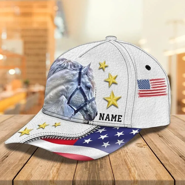 Personalized White Horse Cap American Flag Pattern for Horse Lovers, White Horse Hat for Him