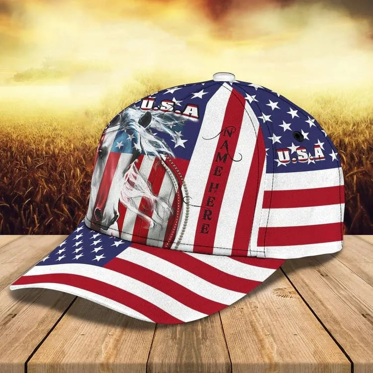 Personalized White Horse Cap American Flag Pattern for Horse Lovers, White Horse Hat for Him