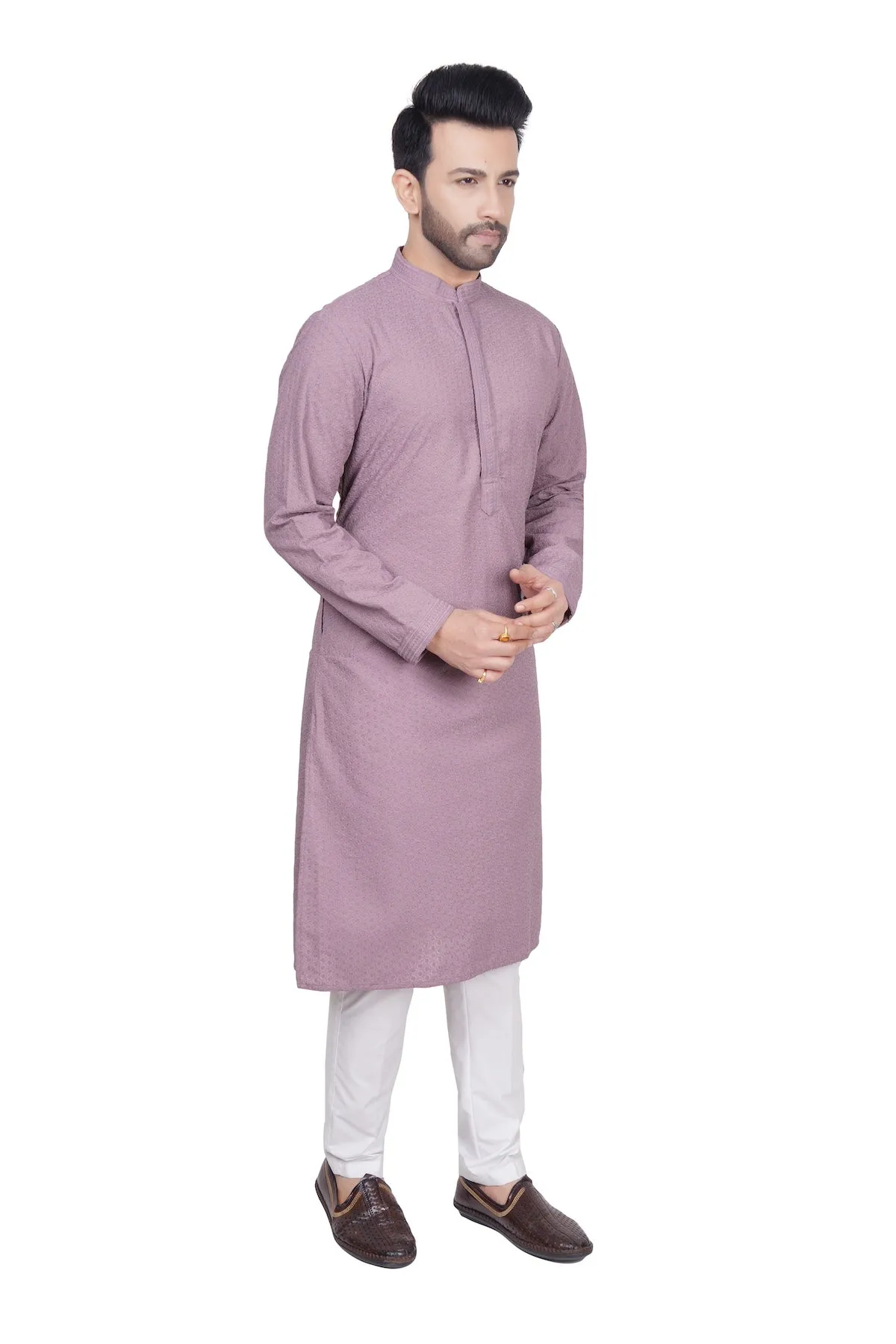 Powder purple embroidered mens kurta