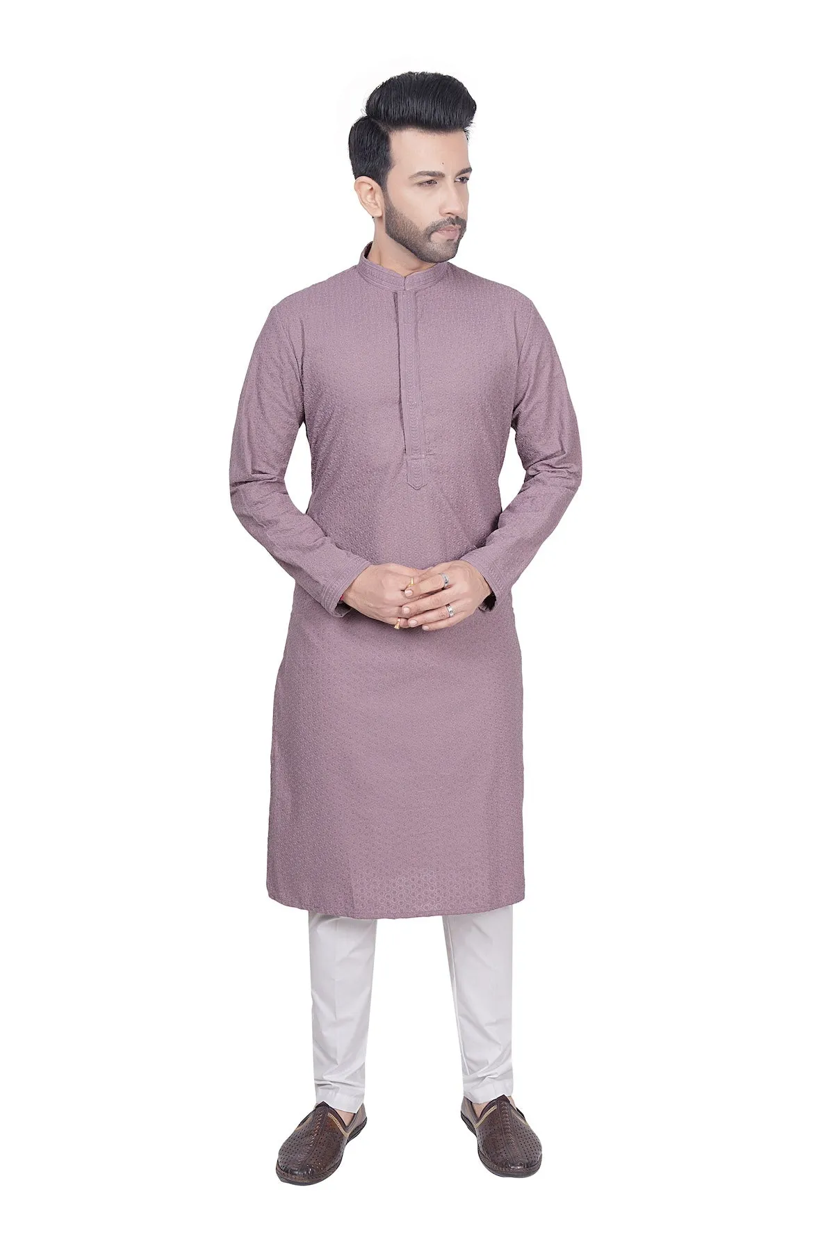 Powder purple embroidered mens kurta