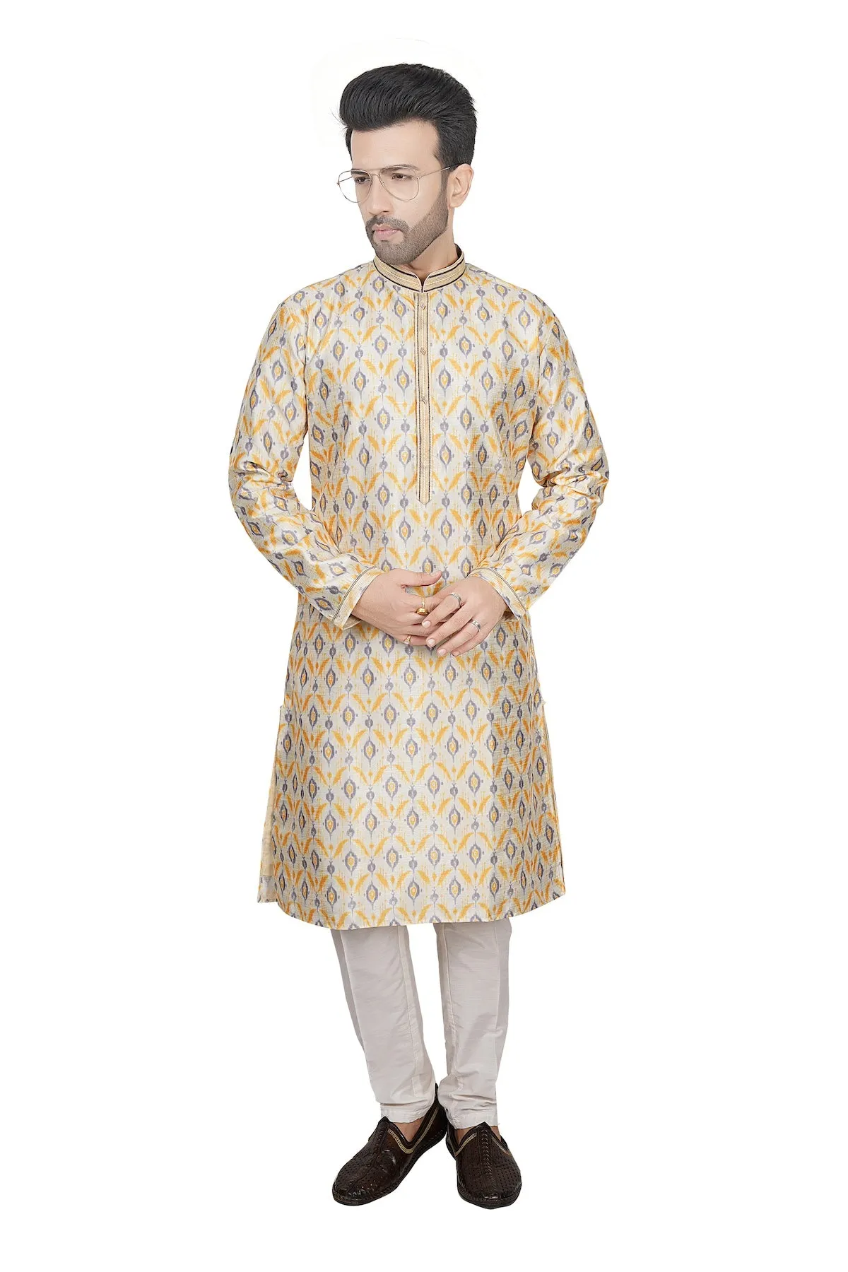 Printed white mens kurta set