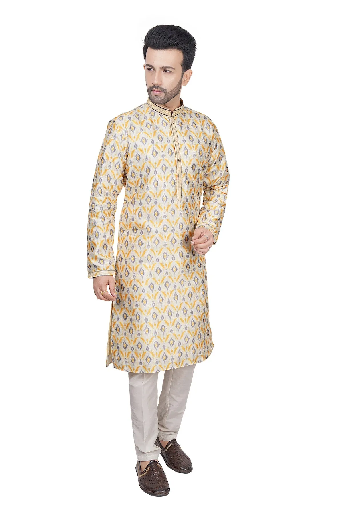 Printed white mens kurta set