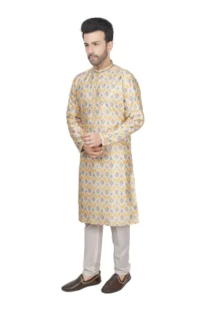 Printed white mens kurta set