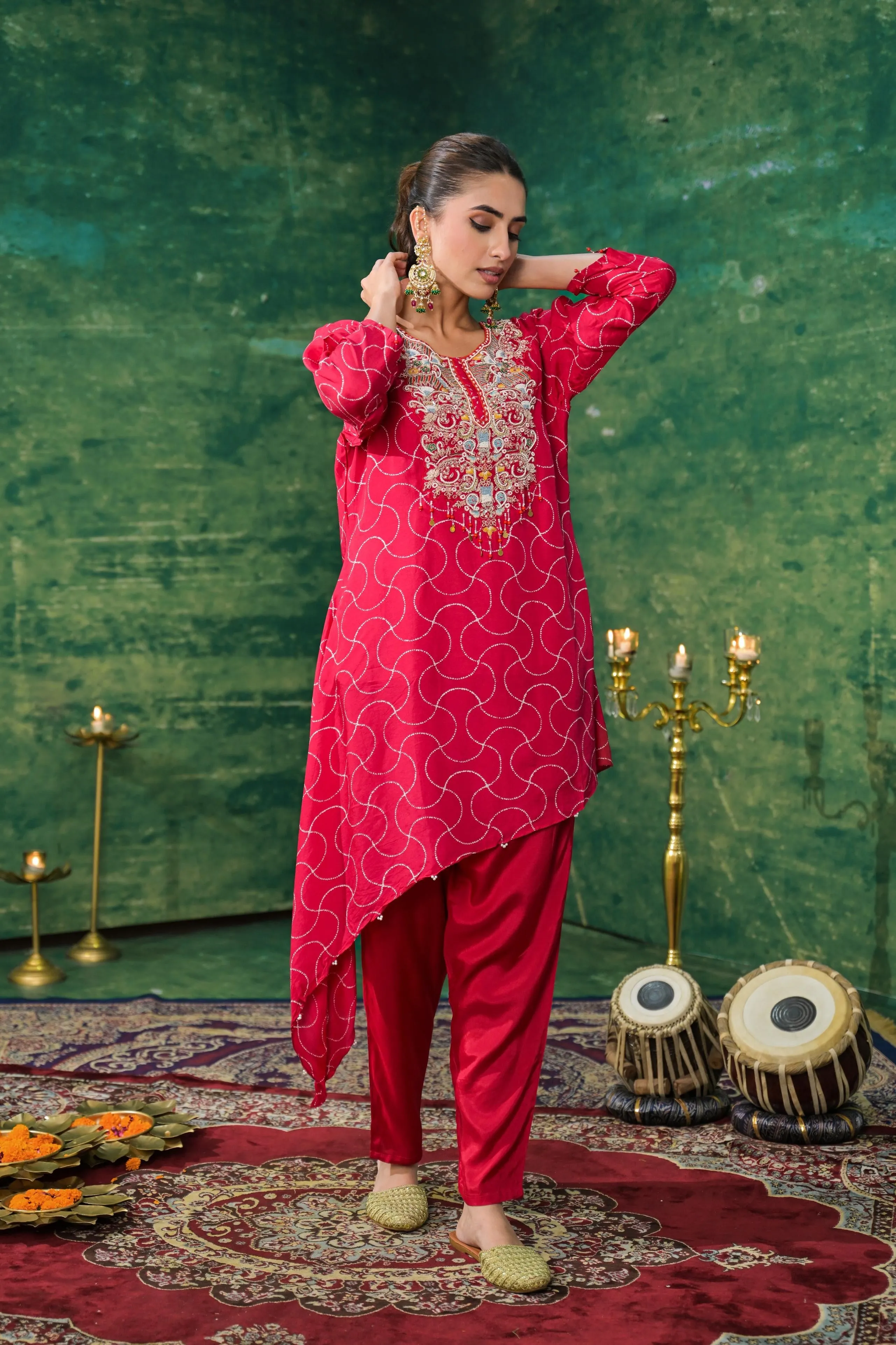 Red Printed German Silk Kurta Set