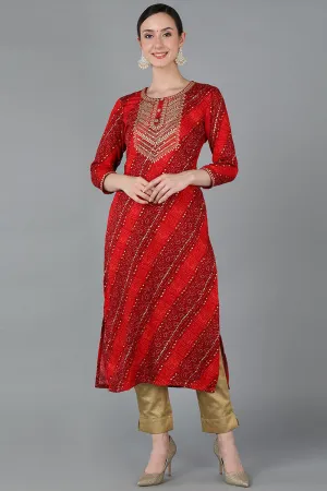 Red Viscose Rayon Geometric Straight Kurta