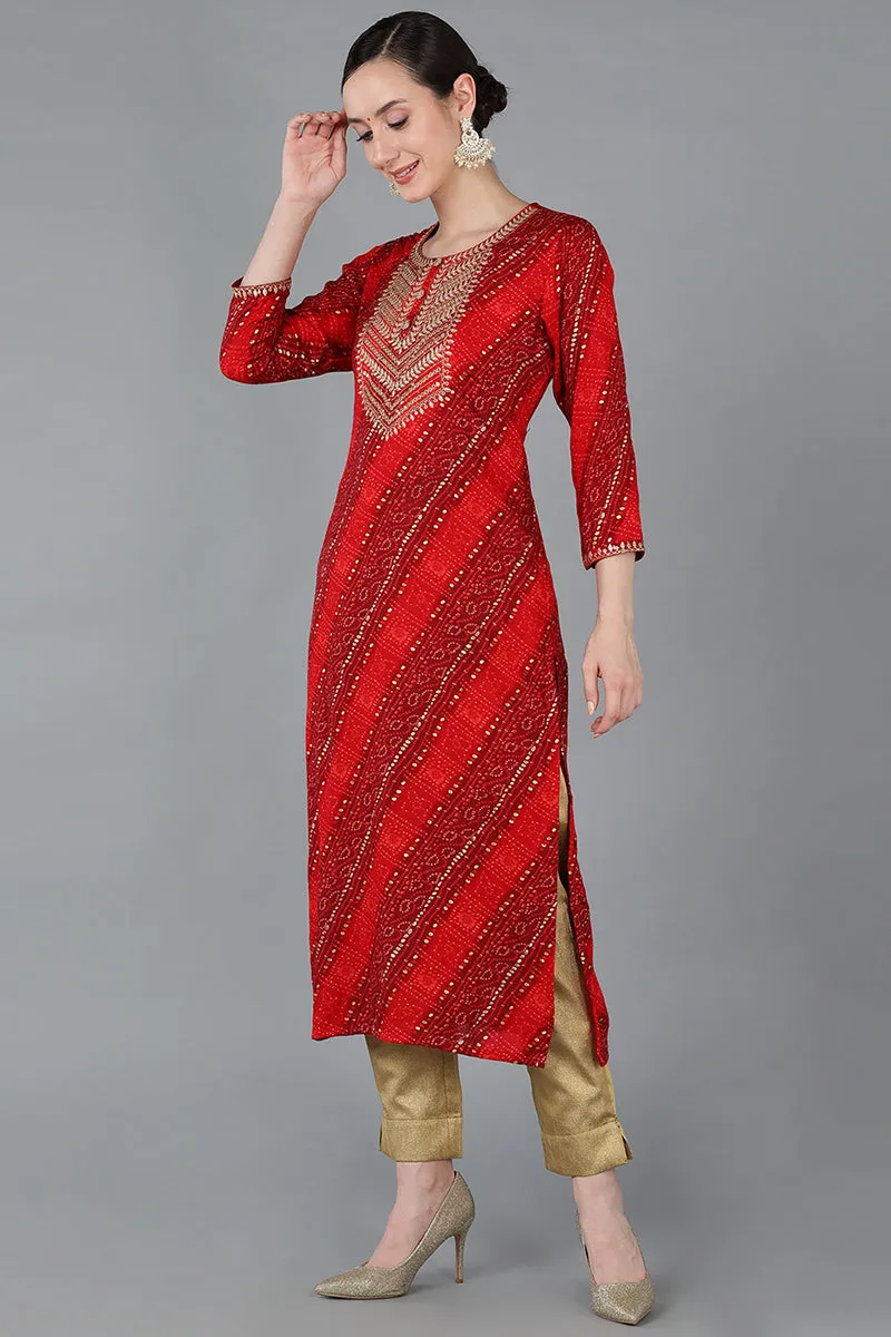 Red Viscose Rayon Geometric Straight Kurta