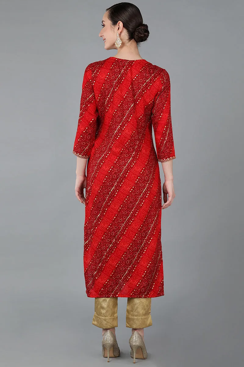 Red Viscose Rayon Geometric Straight Kurta