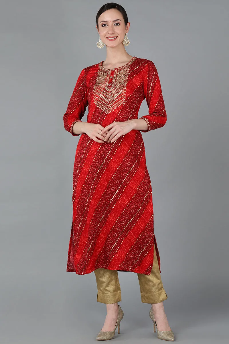 Red Viscose Rayon Geometric Straight Kurta