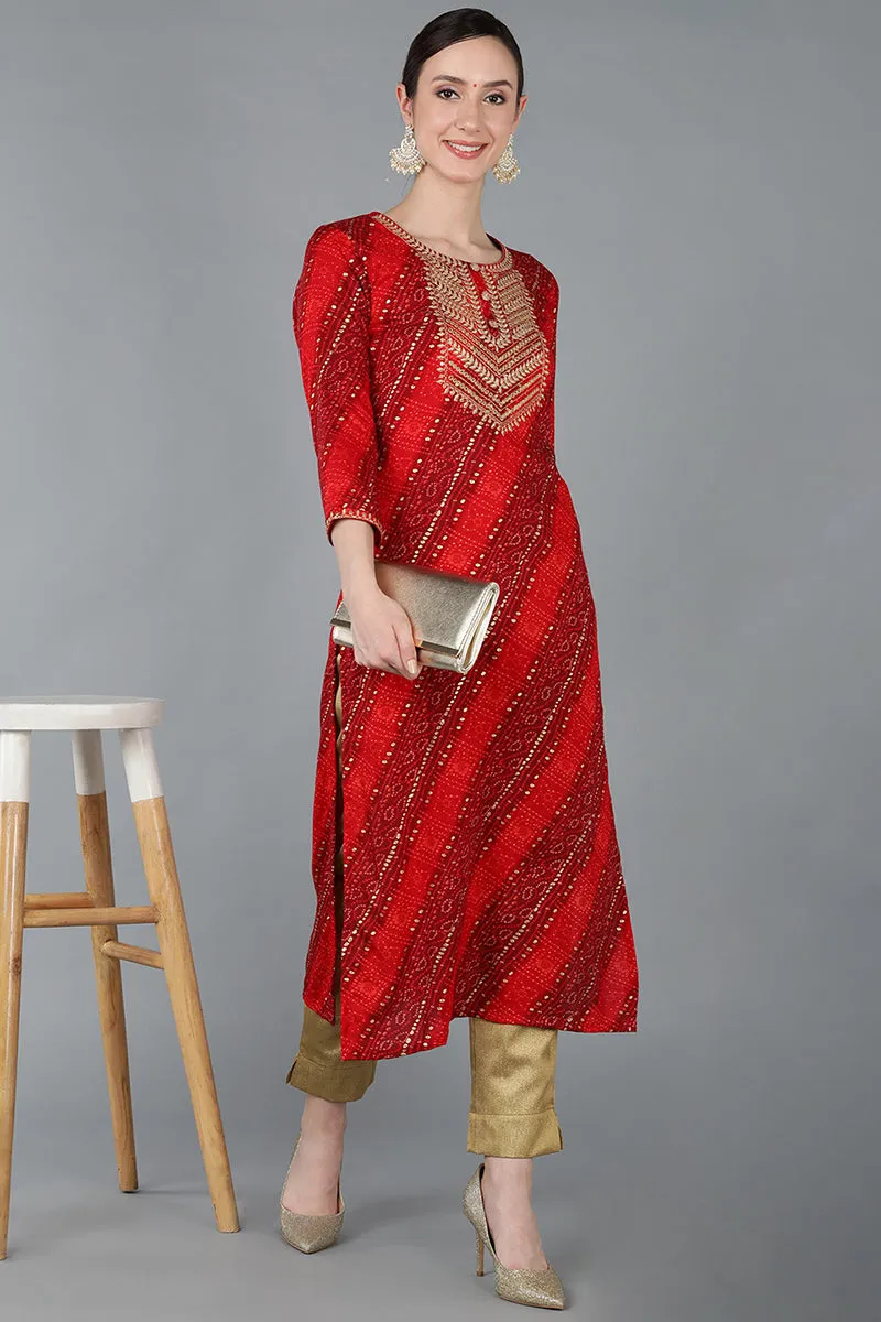 Red Viscose Rayon Geometric Straight Kurta