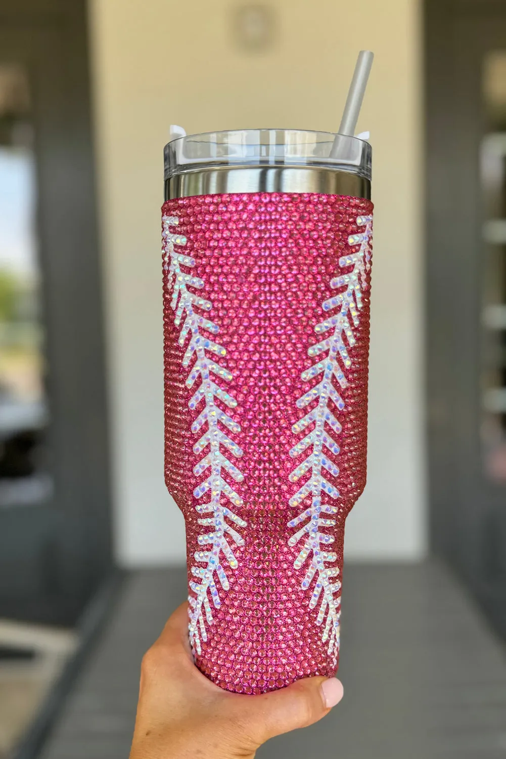 Rose Red 40Oz Baseball Rhinestone Tumbler Cup