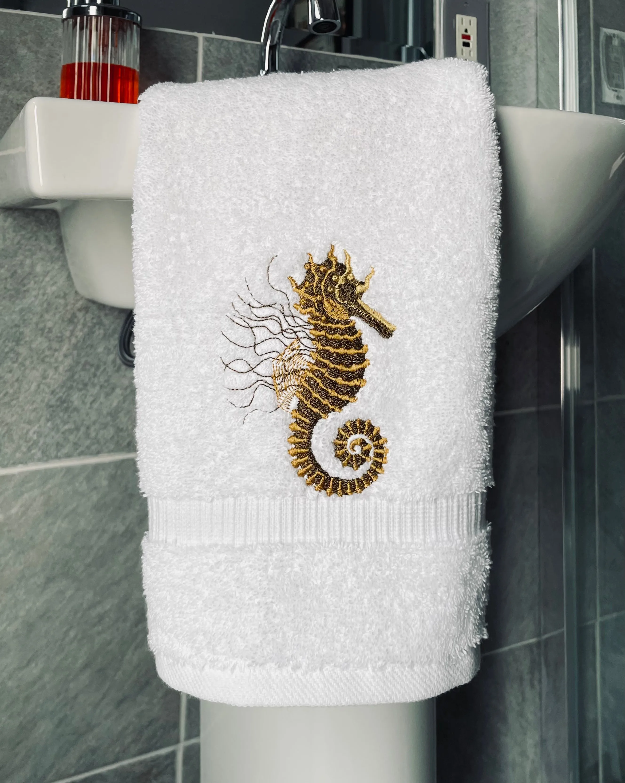 Seahorse Embroidered Bath Hand Towel. Beautifully Detailed in Coppery Shades