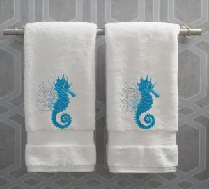 Seahorse Embroidered Bath Hand Towel. Beautifully Detailed in Turquoise Shades