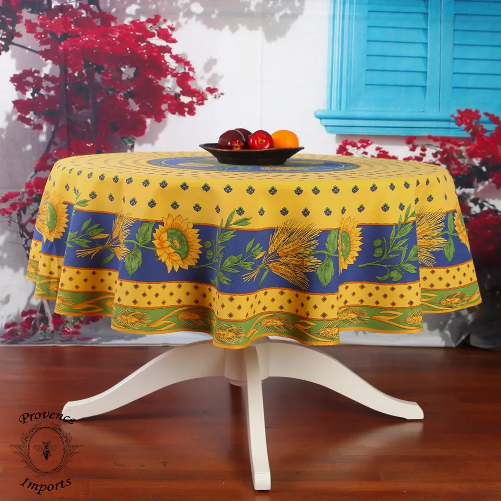 Tournesol Blue/Yellow French Provencal Polyester Tablecloth - 70" Round