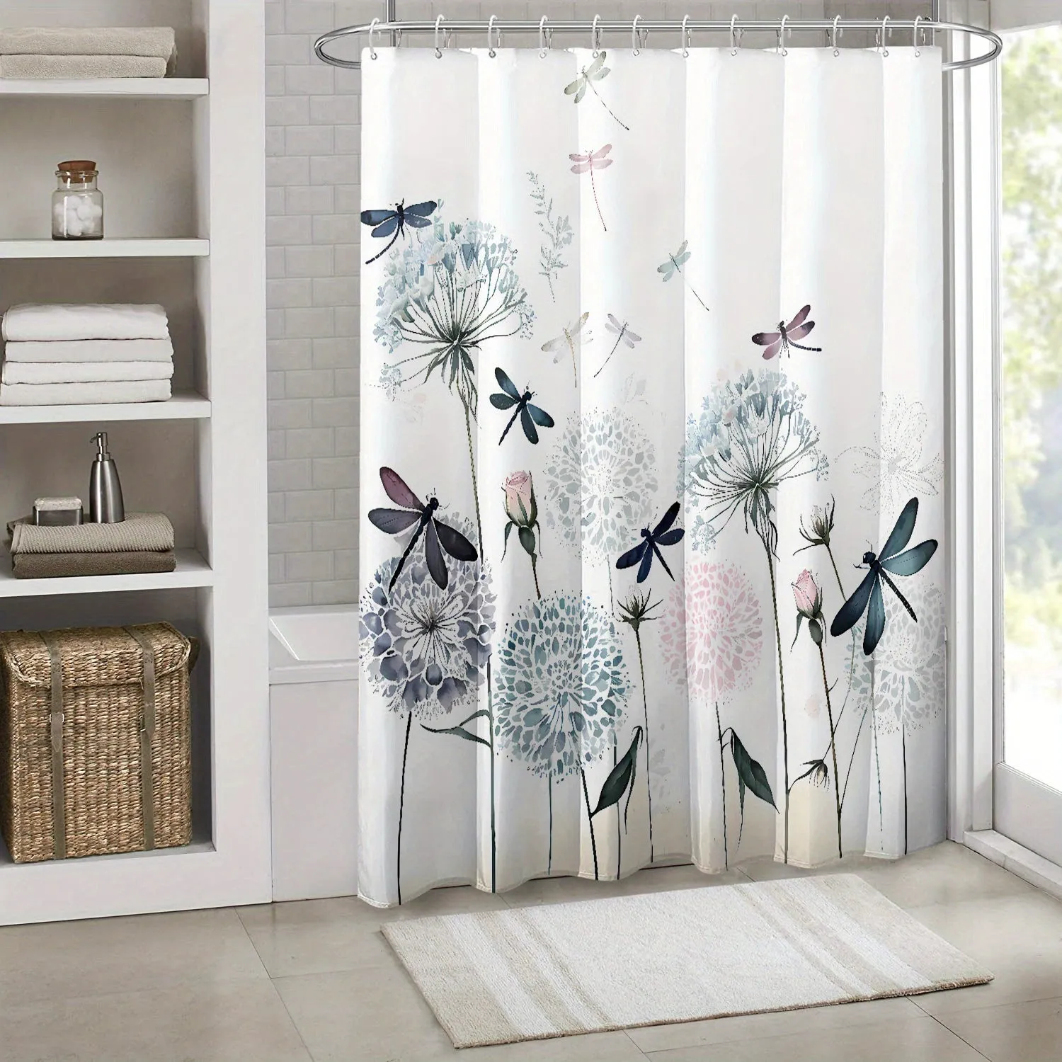 Watercolor Dandelion & Dragonfly Shower Curtain - Waterproof Polyester with Hooks, Easy-Care, Perfect for All Seasons, 71x71 Inches