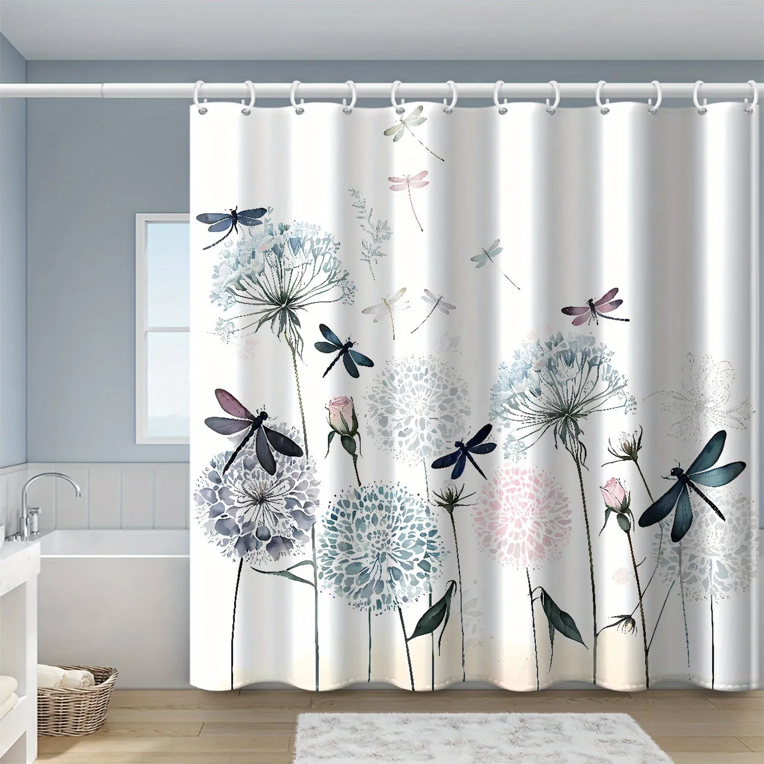 Watercolor Dandelion & Dragonfly Shower Curtain - Waterproof Polyester with Hooks, Easy-Care, Perfect for All Seasons, 71x71 Inches