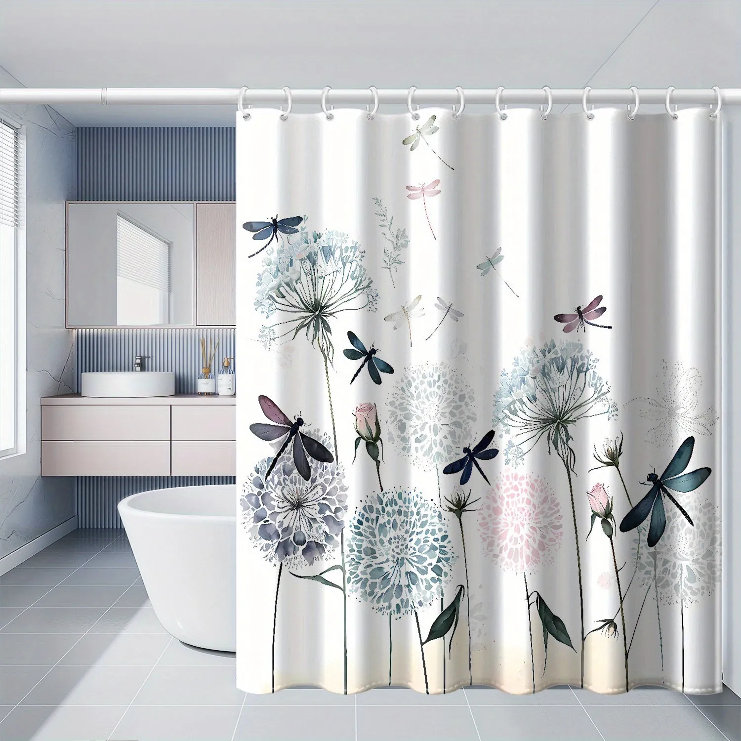 Watercolor Dandelion & Dragonfly Shower Curtain - Waterproof Polyester with Hooks, Easy-Care, Perfect for All Seasons, 71x71 Inches