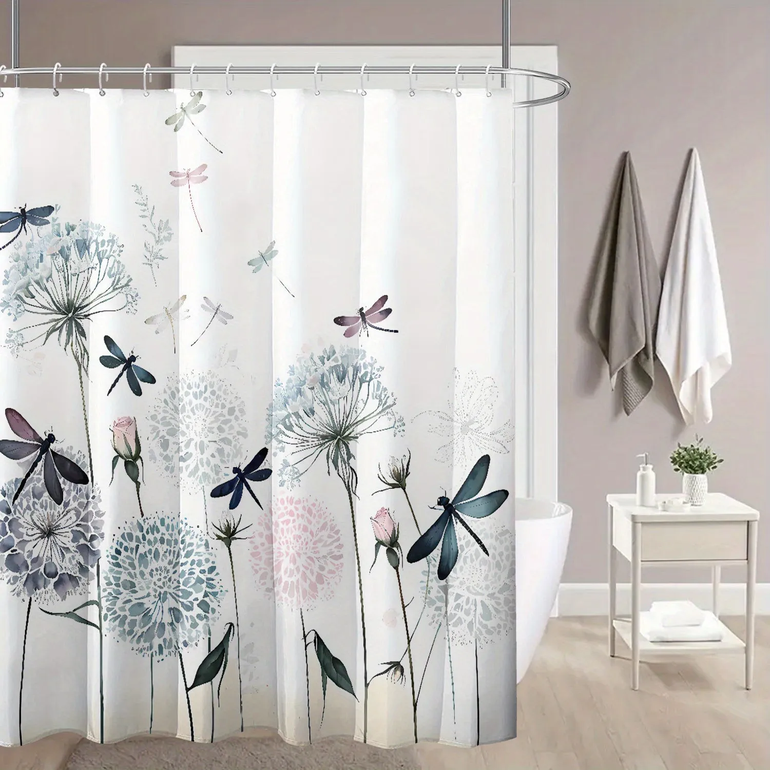 Watercolor Dandelion & Dragonfly Shower Curtain - Waterproof Polyester with Hooks, Easy-Care, Perfect for All Seasons, 71x71 Inches