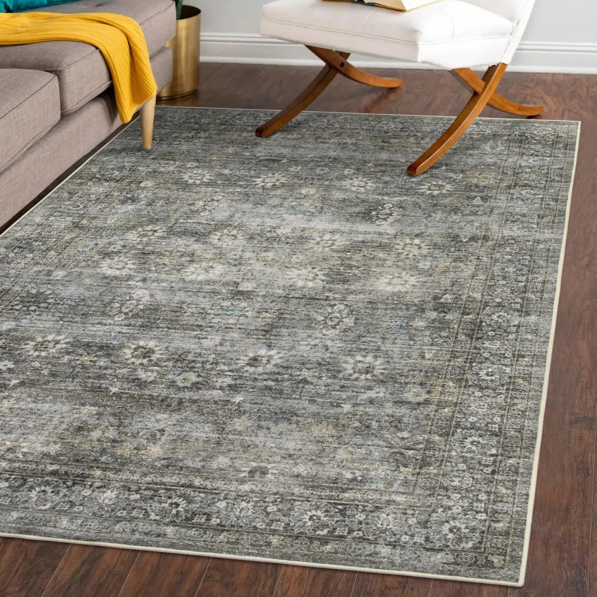 Winifred Distressed Vintage Antique Floral Charcoal Green Area Rug