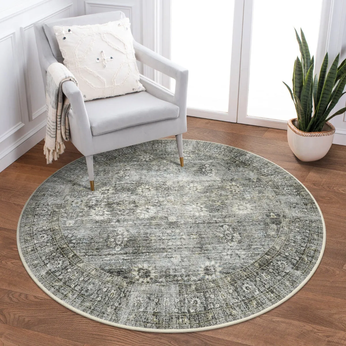 Winifred Distressed Vintage Antique Floral Charcoal Green Area Rug