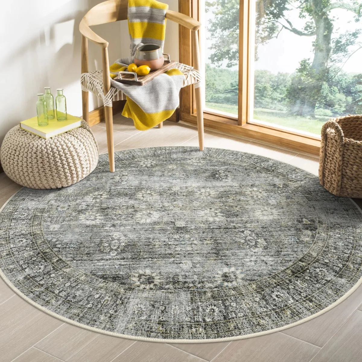 Winifred Distressed Vintage Antique Floral Charcoal Green Area Rug