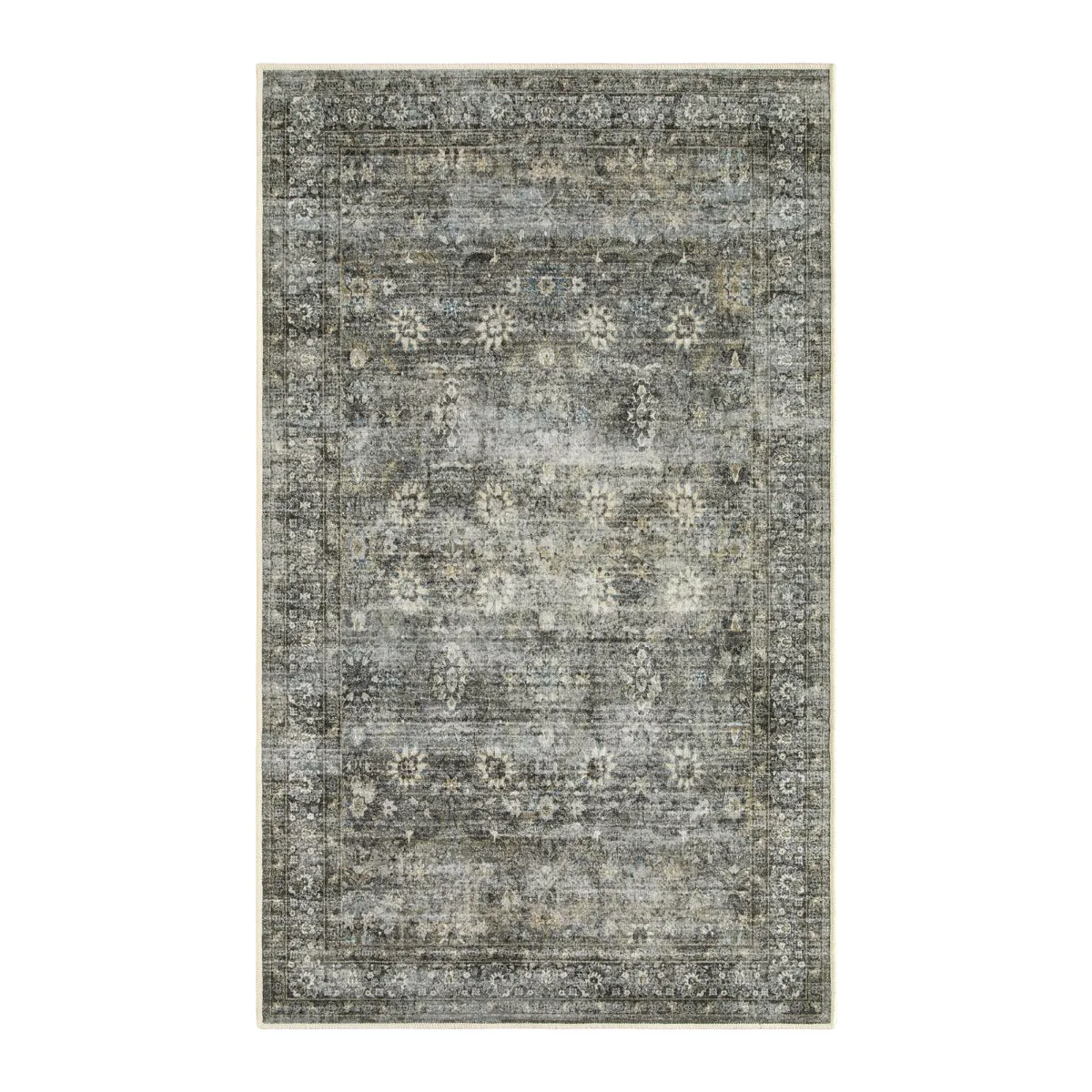 Winifred Distressed Vintage Antique Floral Charcoal Green Area Rug