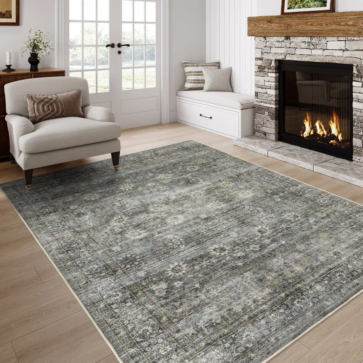 Winifred Distressed Vintage Antique Floral Charcoal Green Area Rug