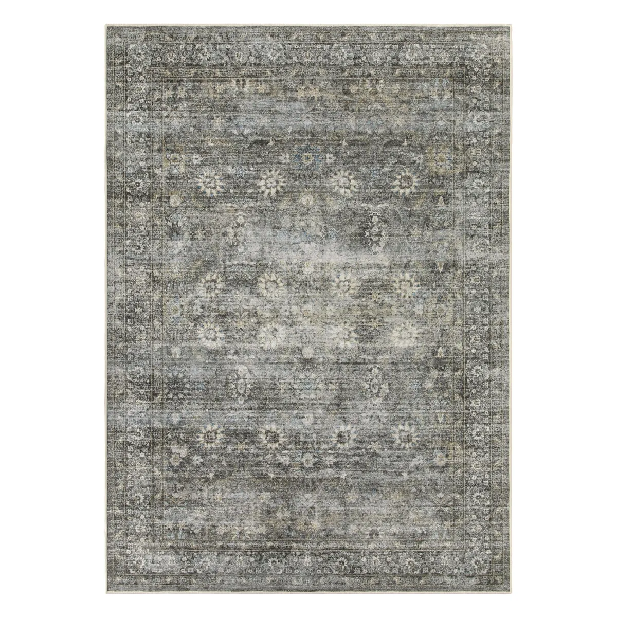 Winifred Distressed Vintage Antique Floral Charcoal Green Area Rug