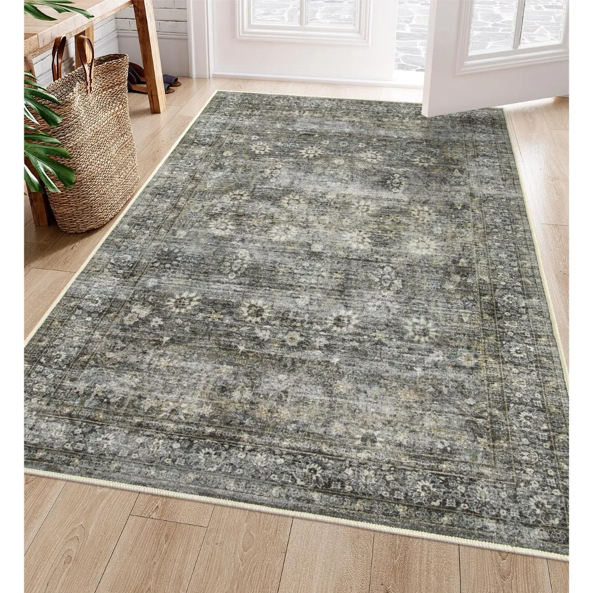 Winifred Distressed Vintage Antique Floral Charcoal Green Area Rug