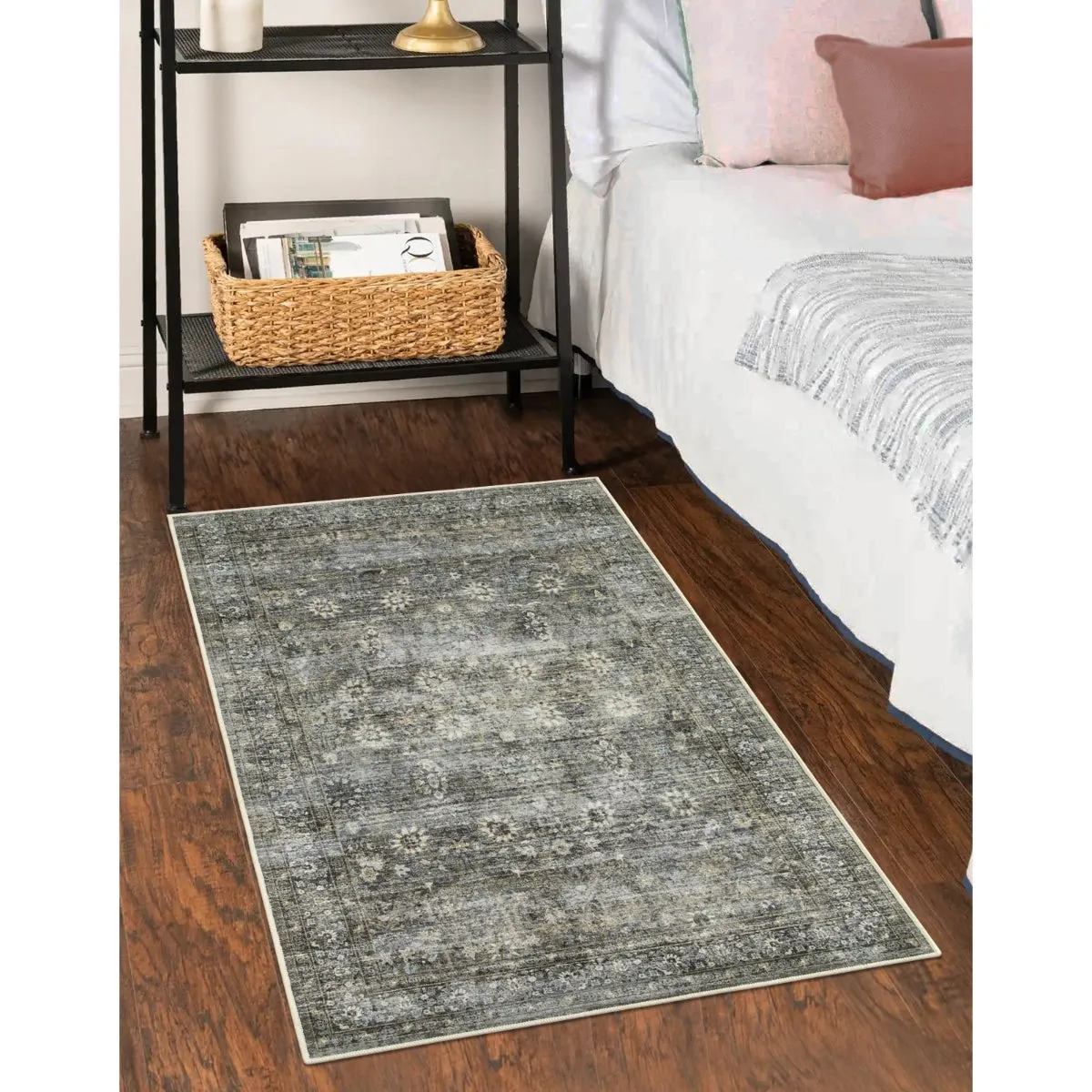 Winifred Distressed Vintage Antique Floral Charcoal Green Area Rug