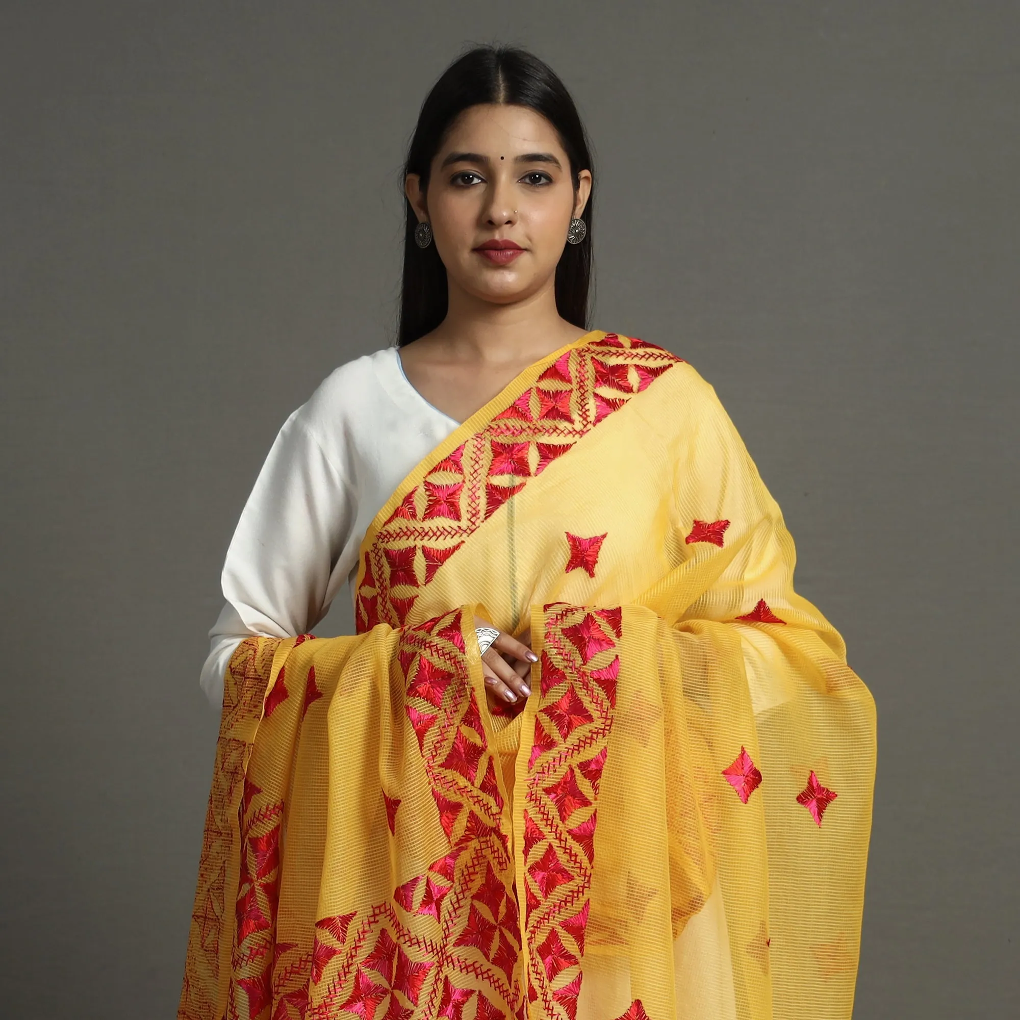 Yellow - Phulkari Hand Embroidery Kota Doria Chanderi Silk Dupatta with Tassels 15