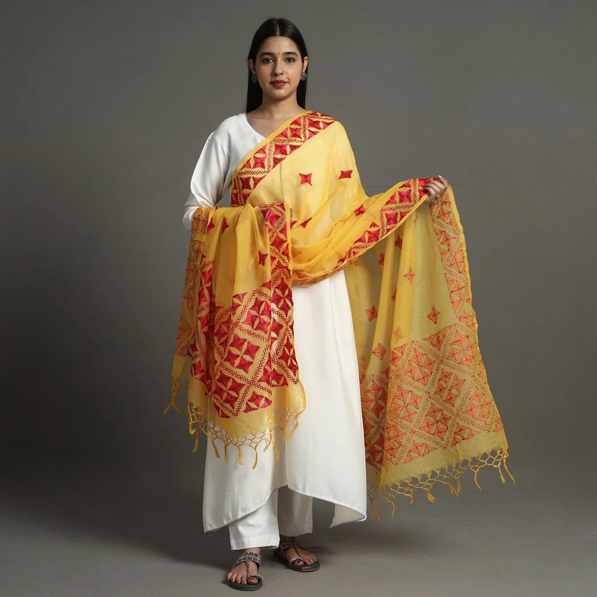 Yellow - Phulkari Hand Embroidery Kota Doria Chanderi Silk Dupatta with Tassels 15