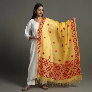 Yellow - Phulkari Hand Embroidery Kota Doria Chanderi Silk Dupatta with Tassels 15